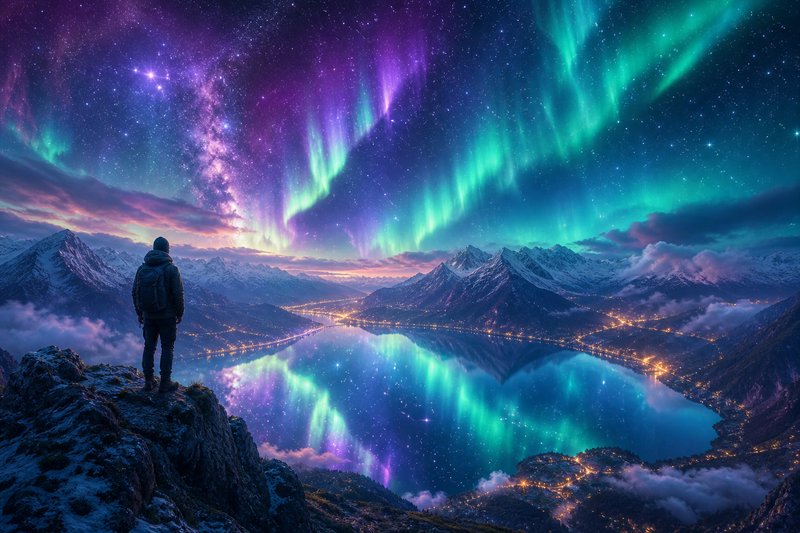 Person on a snowy cliff watching vibrant aurora borealis over alpine mountains and a reflective l...