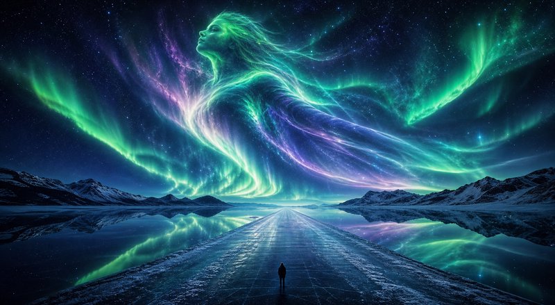 Silhouetted figure on an icy road beneath vivid green and purple aurora forming an ethereal, winged figure.