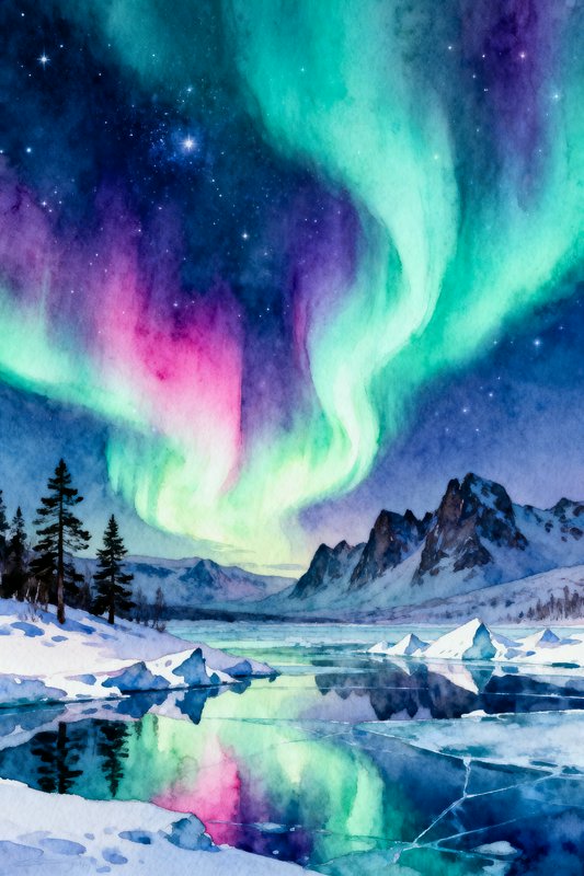 Vibrant aurora borealis lights up a snowy mountain landscape over a frozen lake.