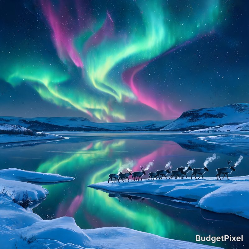 Aurora borealis over a snowy river valley with a line of reindeer by the water