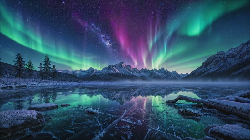 Vibrant aurora borealis over a frozen lake with snow-covered mountains.