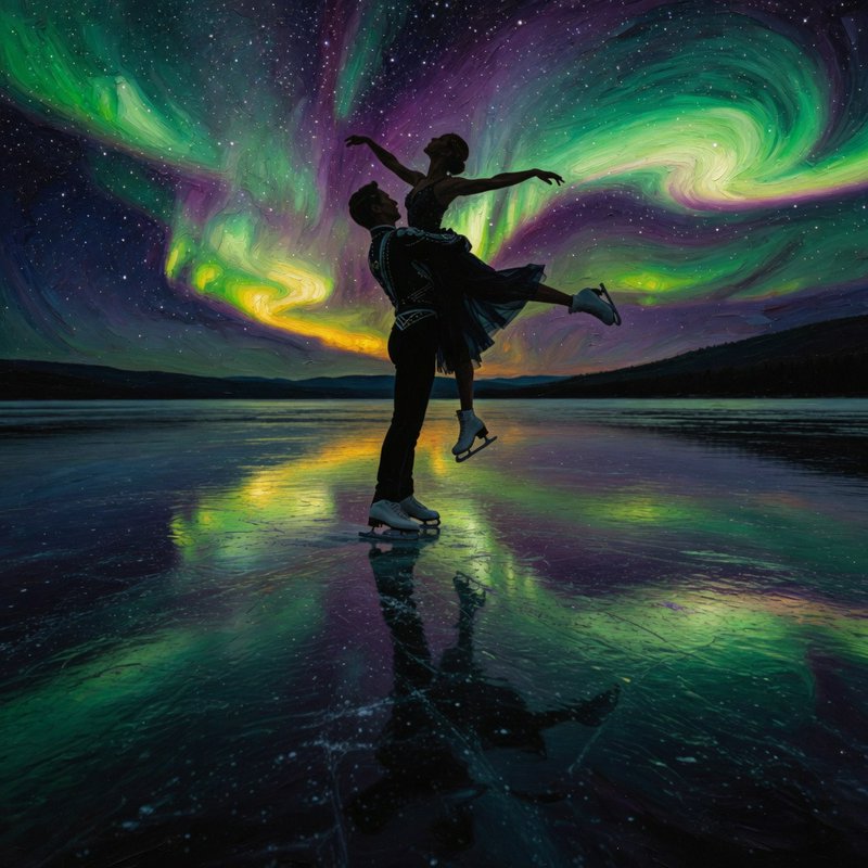 Silhouetted couple ice-skating under vibrant aurora borealis on a reflective lake