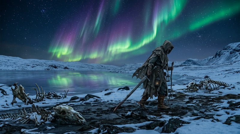 Hooded warrior with sword stands on icy snow amid bone remains under the northern lights.