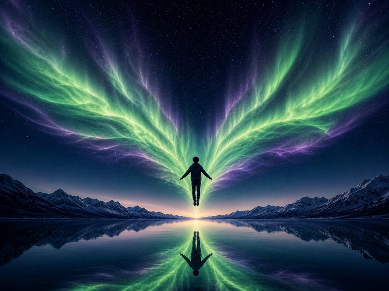 Silhouetted person levitating above a calm lake with vibrant green and purple aurora wings across the night sky.