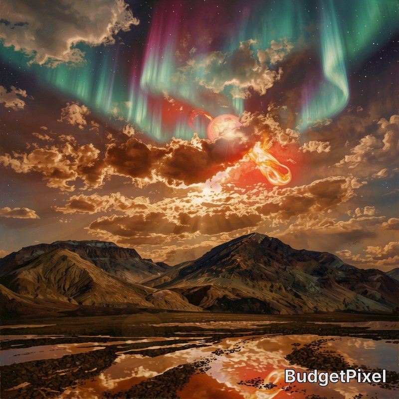 Surreal landscape with rugged mountains, reflective river, dramatic clouds, and vibrant aurora overhead.
