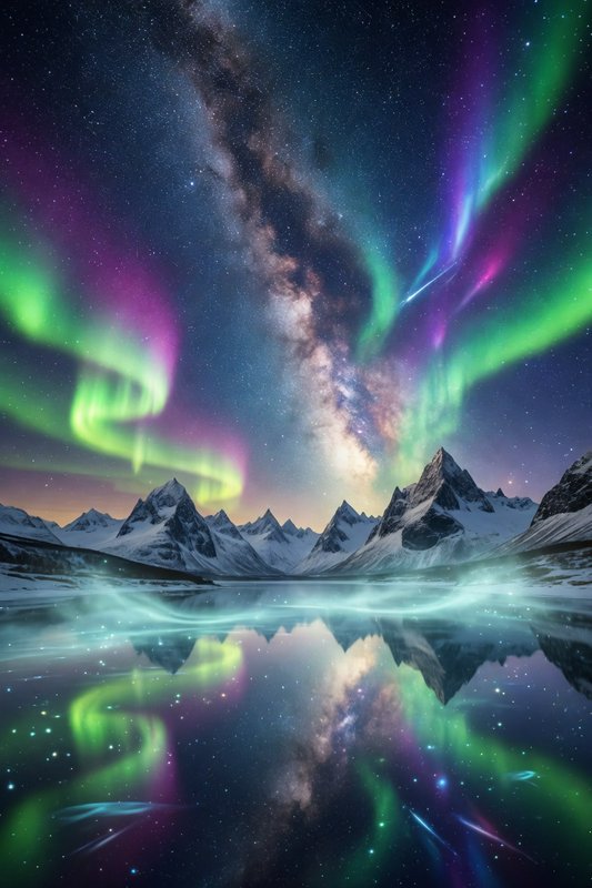 Snowy mountain range under green and purple aurora borealis with Milky Way and reflection on an i...