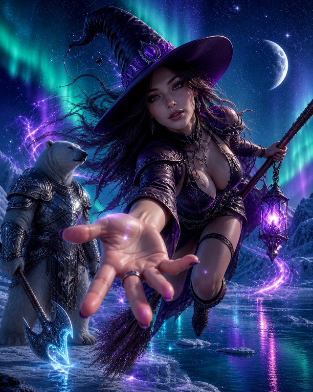 Sorceress in a purple witch hat extends a glowing spell toward the viewer, with a polar bear guar...
