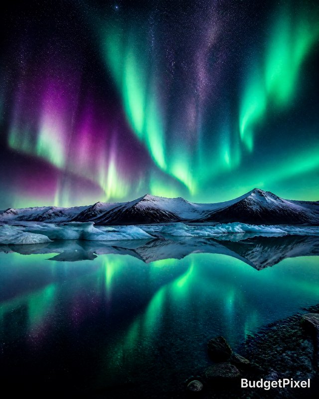 Northern lights (aurora borealis) over snow-capped mountains and a calm reflective lake.