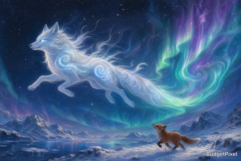 Spectral white wolf floating above an icy landscape under a colorful aurora, with a curious fox n...