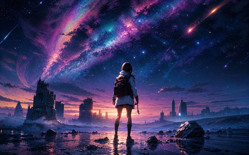 A girl with a backpack stands on a rocky shoreline, gazing at a vibrant cosmic sky above a ruined...