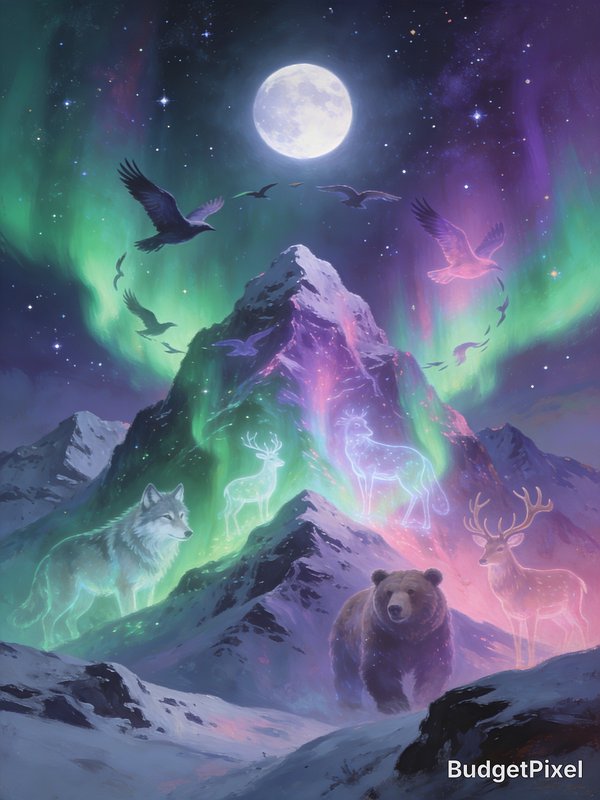 Snowy mountain under the aurora borealis with glowing deer, wolves, and a bear.