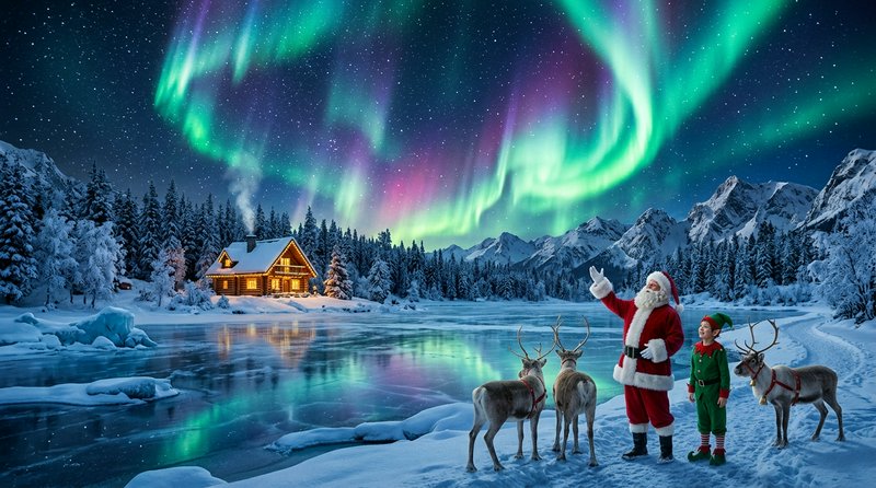 Snowy night with vibrant aurora borealis over a cabin, Santa, elves, and reindeer by a frozen lake.