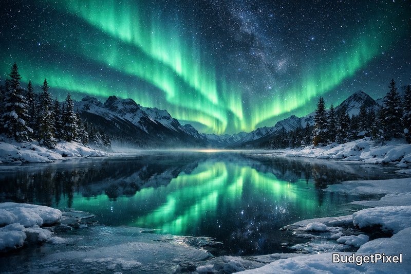 Aurora borealis over a snowy alpine lake with forest and mountains.