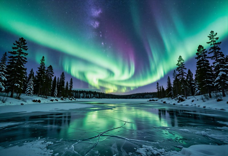 Aurora borealis lights swirl green over a frozen lake framed by snow-covered pine trees.
