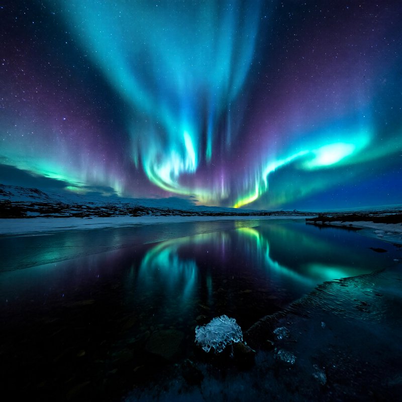 Northern Lights (Aurora Borealis) over an icy, reflective lake with blue-green and purple hues.