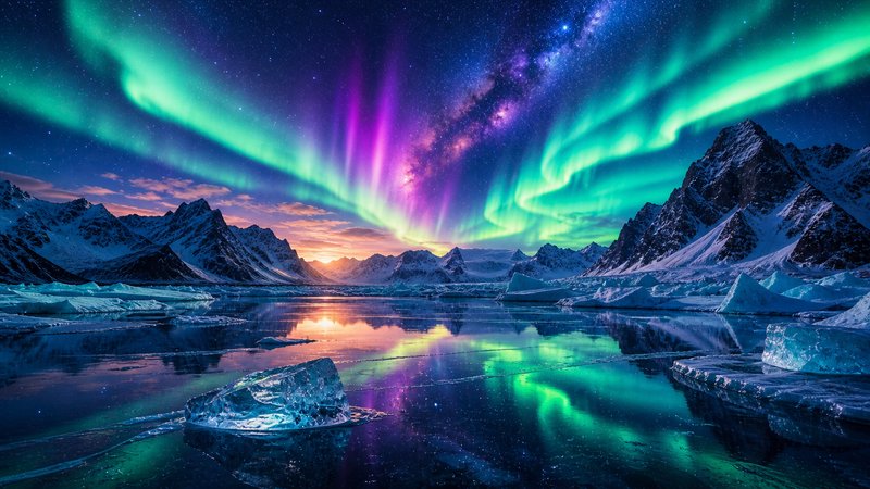 Aurora borealis lights up a icy mountain lake with vivid green and purple hues in a snowy alpine landscape.