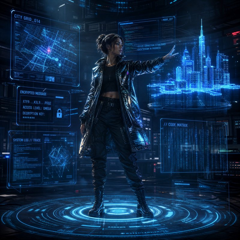 Futuristic woman in a metallic coat standing in a holographic tech hub with a neon city skyline.