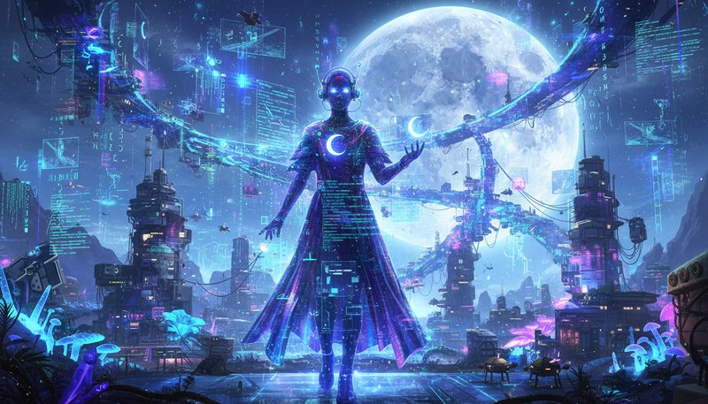 Futuristic glowing sorceress in neon city under a full moon, with holographic data streams.