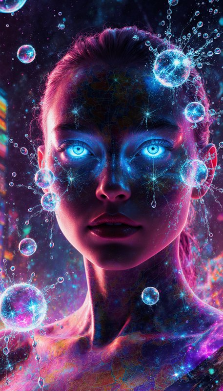 Neon-lit portrait of a woman with glowing blue eyes among cosmic bubbles.