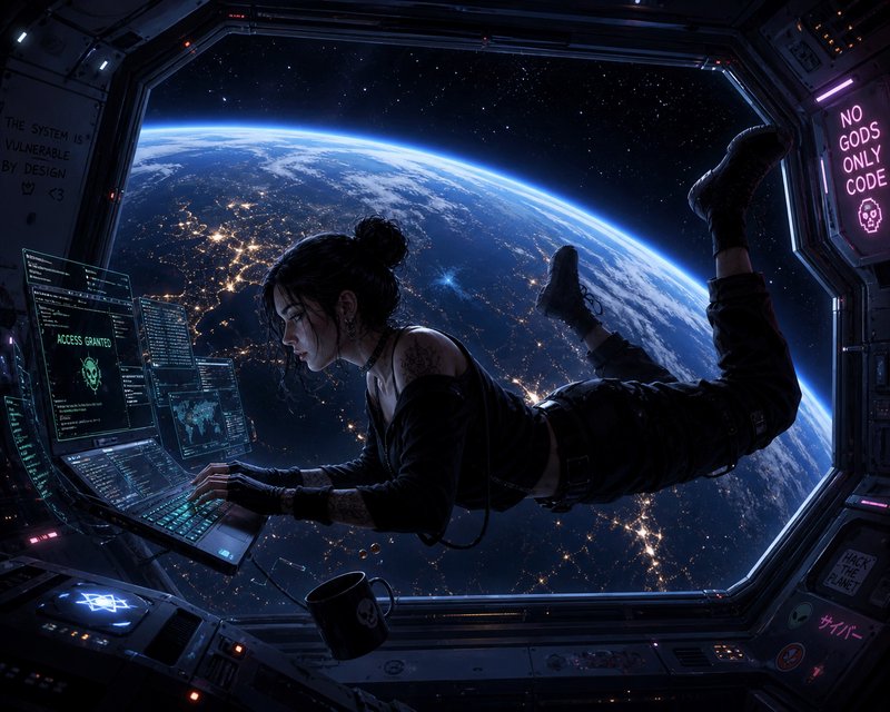 Woman hacker in a space station cockpit with Earth glowing outside and neon screens.