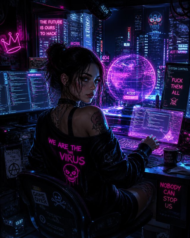 Cyberpunk hacker woman at a neon-lit desk with a glowing globe and code-filled screens