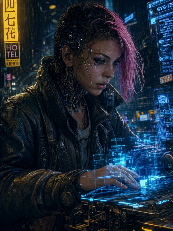 Female cyberpunk hacker with purple hair typing on a holographic keyboard in neon-lit city.