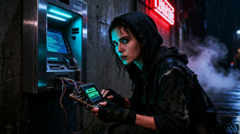 Young hacker crouches by an ATM at night, inspecting a hacked device with a glowing “ACCESS GRANTED” screen.
