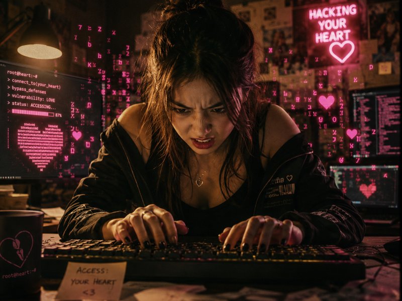 Focused woman hacker typing at a backlit keyboard in a neon pink cyberpunk setup.