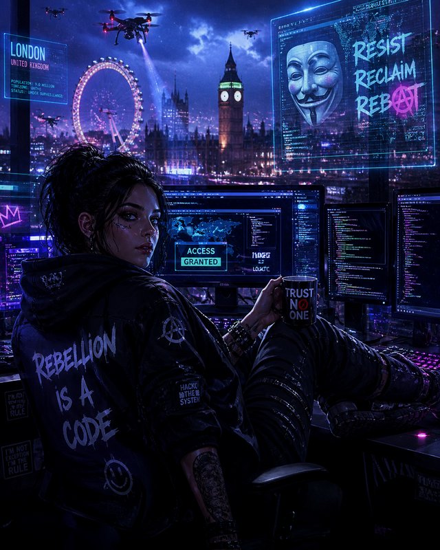 A female hacker in a neon-lit, futuristic London control room with Big Ben and the London Eye out...