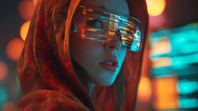 Woman in hoodie wearing a futuristic holographic visor with neon reflections.