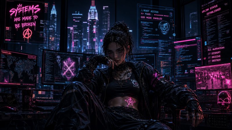 Cyberpunk hacker woman in a dark room with neon pink screens and Anarchy symbol.