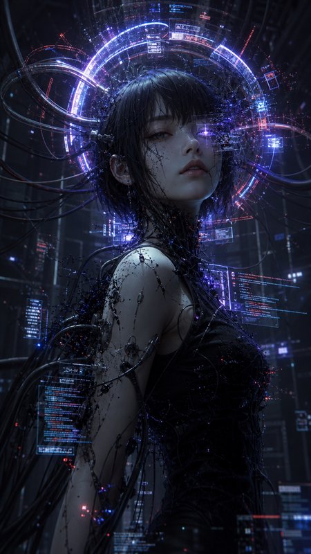 Cyberpunk portrait of a woman with neon circuit halos and glowing digital debris.