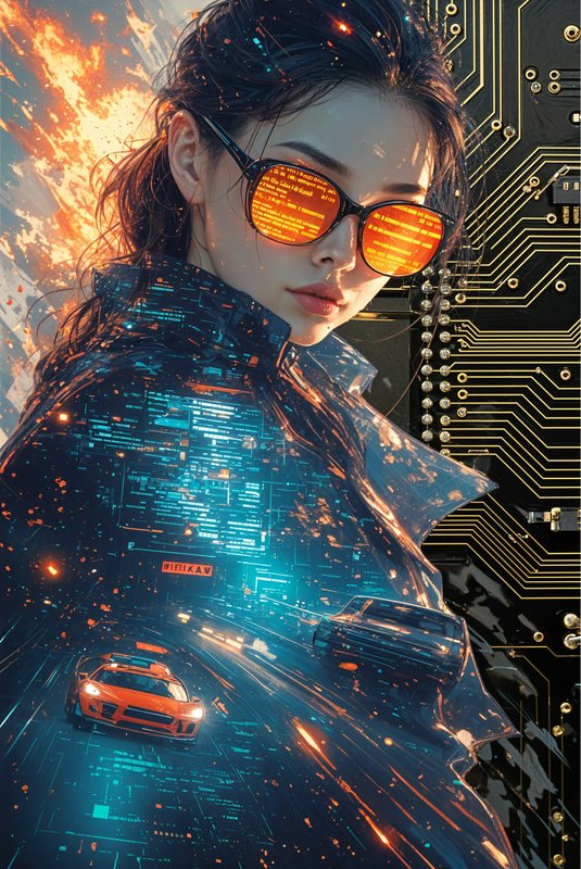 Cyberpunk woman with orange mirrored sunglasses against a neon circuit-board backdrop and fiery overlays.