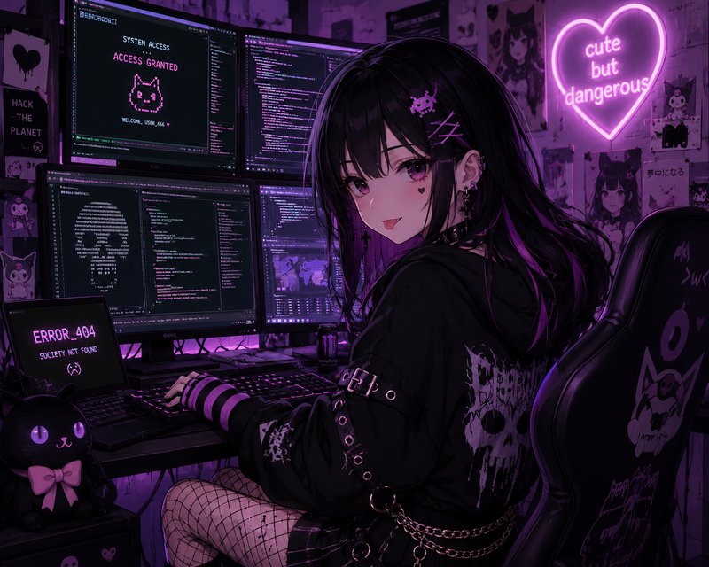 Anime hacker girl with black hair at multiple monitors glowing purple in a dark cyberpunk room.