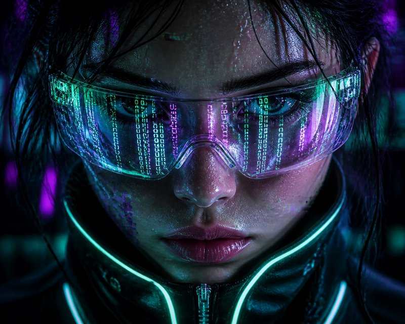Close-up of a woman wearing neon-lit futuristic goggles with code reflections and a glowing suit