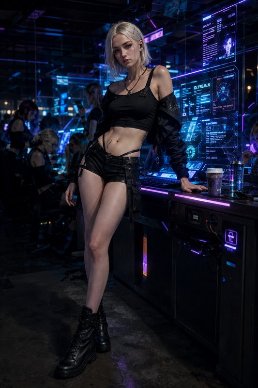 Young woman in black clubwear leaning against a neon-lit tech bar in a futuristic nightclub.