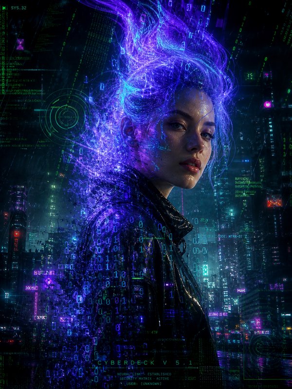 Woman with luminous purple hair in a neon cyberpunk cityscape