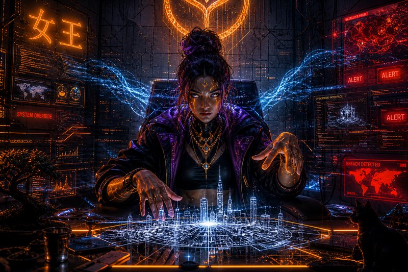 Cyberpunk hacker woman with glowing holographic city map and neon energy wings.