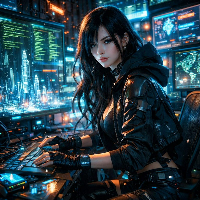 Female hacker in a black leather jacket typing on a keyboard amid neon-lit, high-tech monitors.