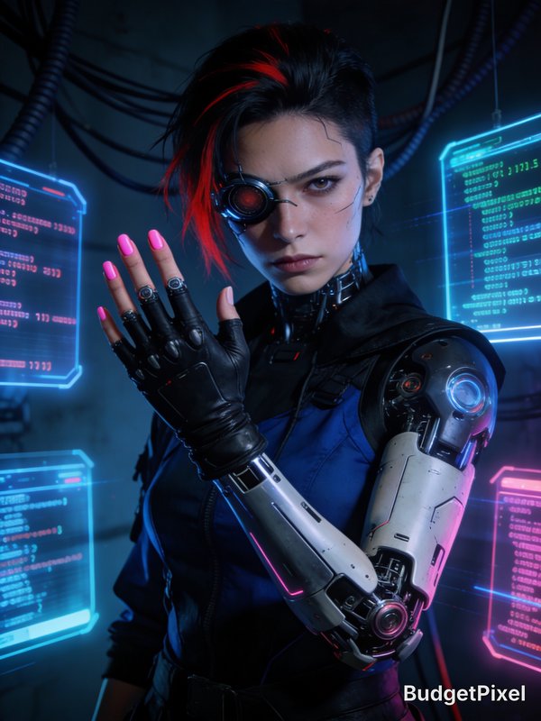 Cyberpunk female with an eyepatch and robotic arm amid neon code panels in a dark, high-tech sett...