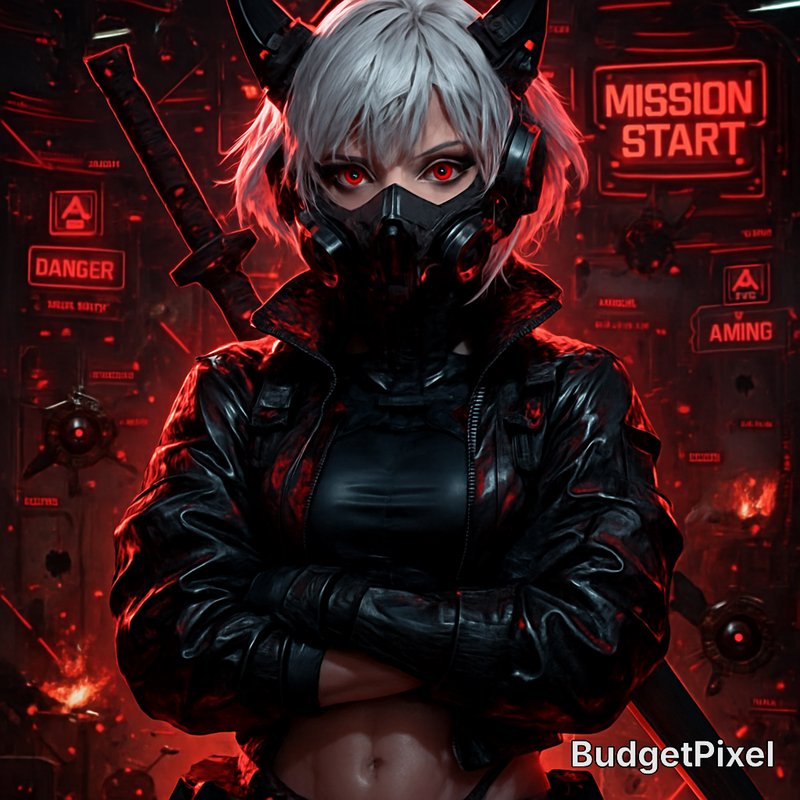 Cyberpunk cosplay with a masked, red-eyed figure in a black leather jacket and white hair.