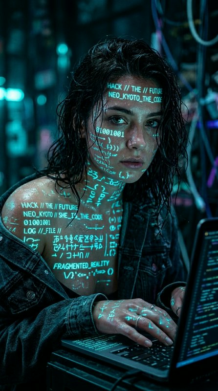 Woman hacker in a dark, neon-lit lab with blue code projected on her face and hands