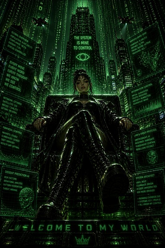 Neon-green cyberpunk throne room with a woman sitting on a dark metallic throne amid glowing scre...