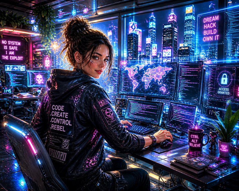 Woman hacker in a neon cyberpunk command center with multiple screens and a world map.