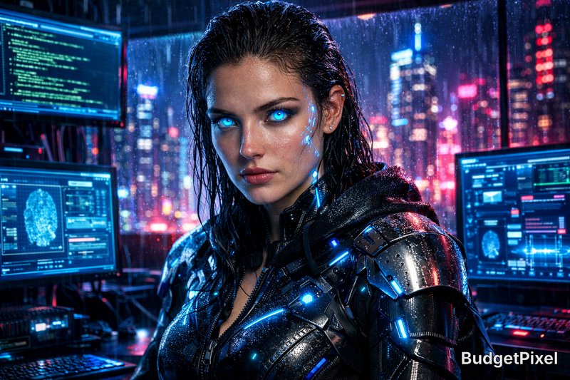 Futuristic woman in high-tech armor with glowing blue eyes in a neon-lit cyberpunk city.