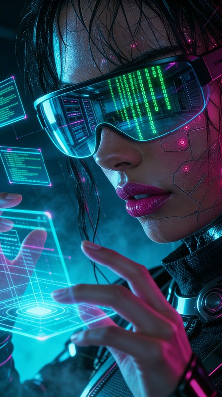 Futuristic woman wearing neon-lit visor and touching holographic blue interfaces.