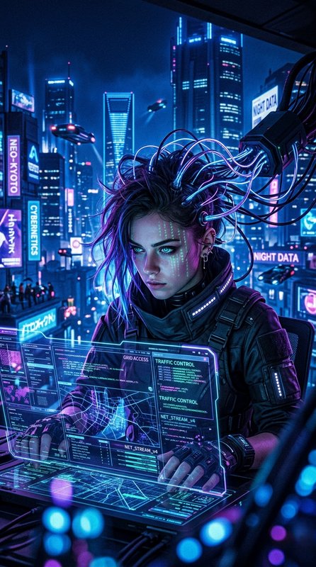 Cyberpunk hacker woman in neon city with holographic screens and tangled cables.