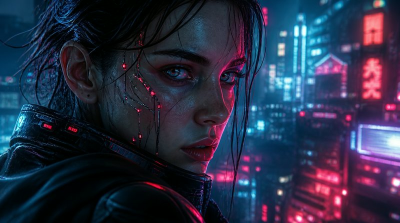 Close-up of a cyberpunk woman with neon accents on her face against a futuristic, rain-soaked city backdrop.
