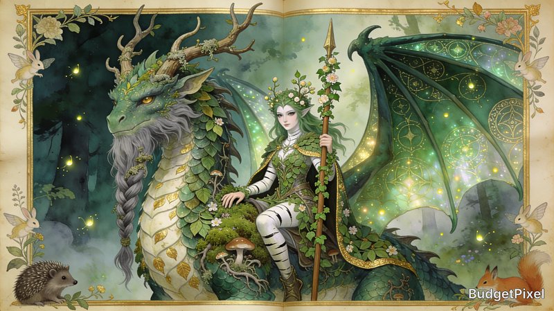 Fantasy elf queen riding a green dragon with ivy, mushrooms, and glowing forest lights.