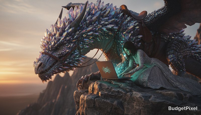 Person in a glittering gown typing on a laptop beside a crystal dragon on a rocky cliff at sunset.